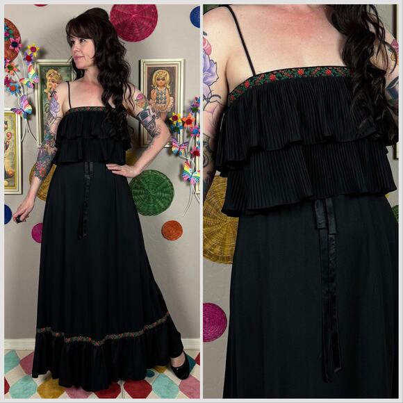 Vintage 1970s Black Ruffled Strappy A-Line Embroidered Maxi Dress - Picture 1 of 8